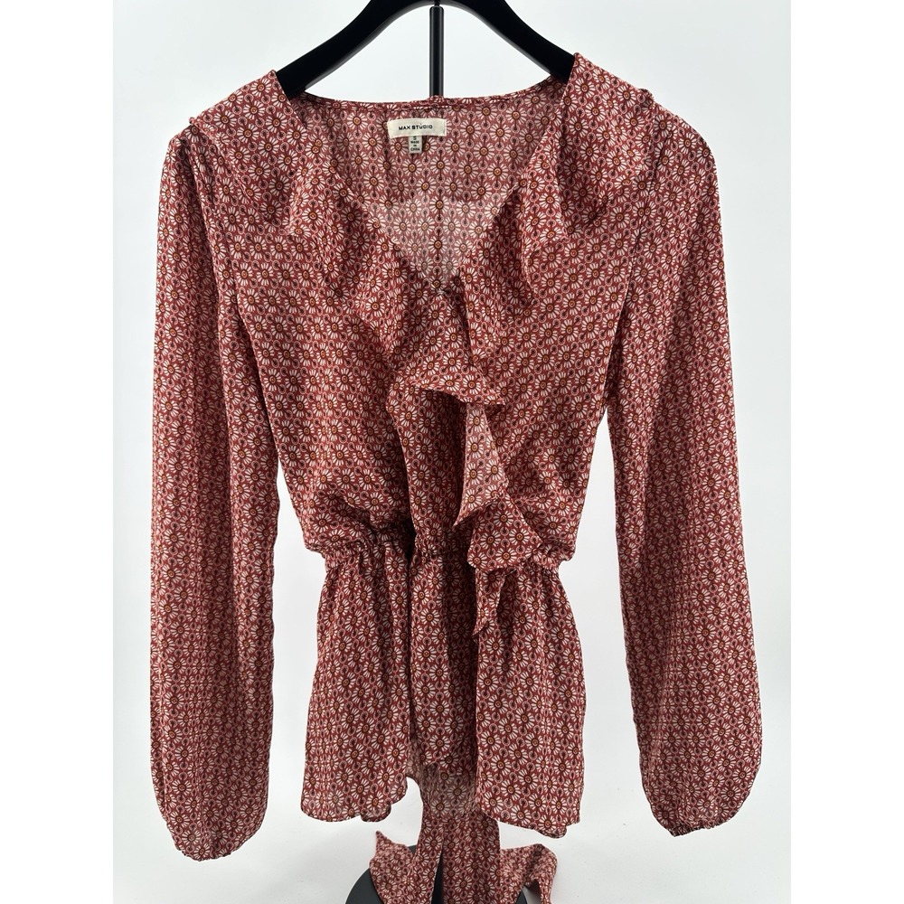 Max Studio Women's Small Rust Long Sleeve Wrap Top Ruffle Front Fall Floral Ties